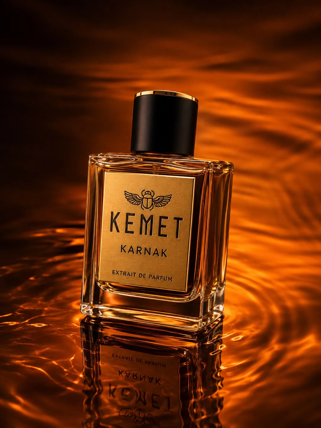 KEMET Karnak bottle resting on amber water