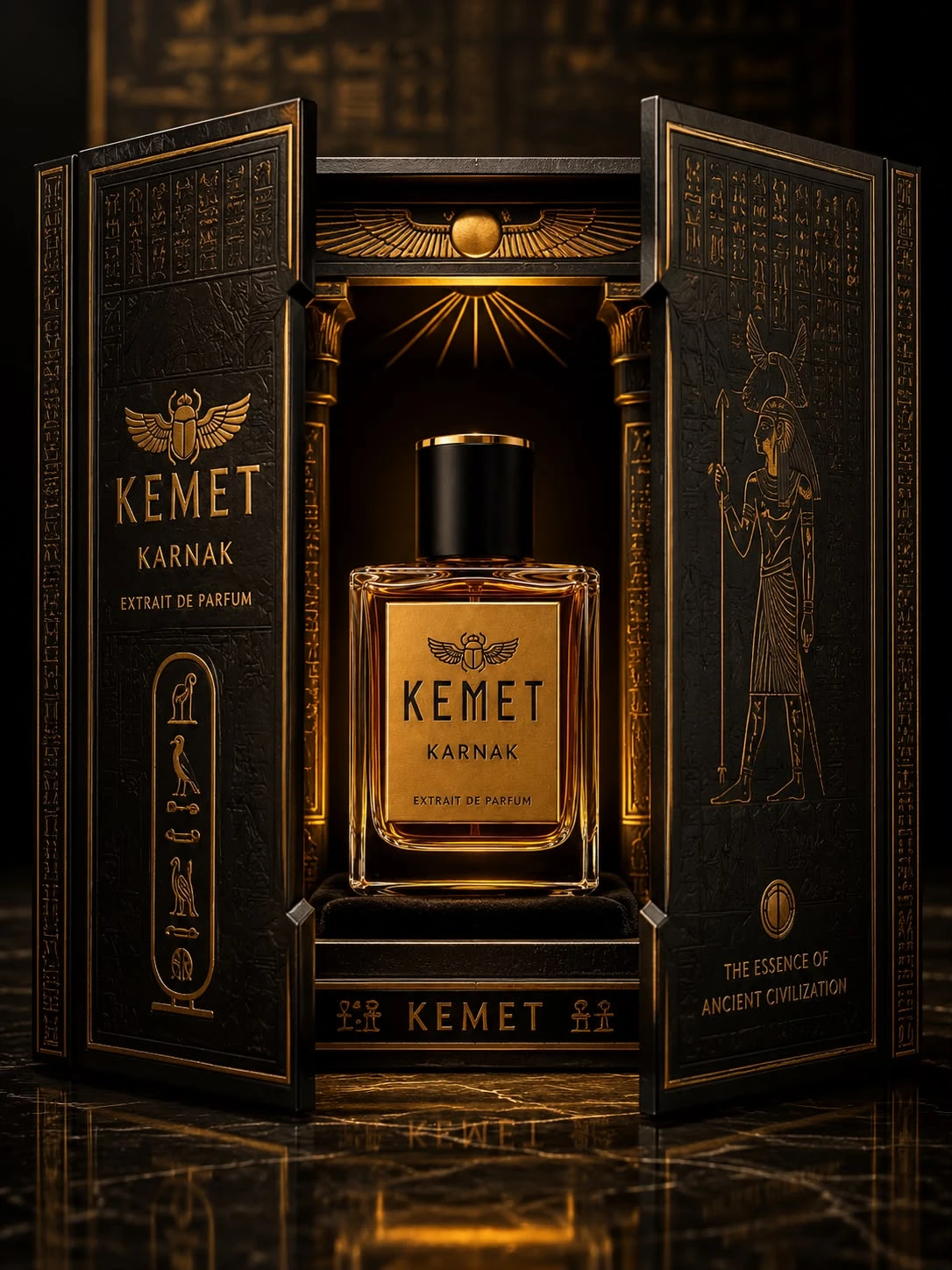 KEMET Karnak — Extrait de Parfum inside its Pharaonic gift box